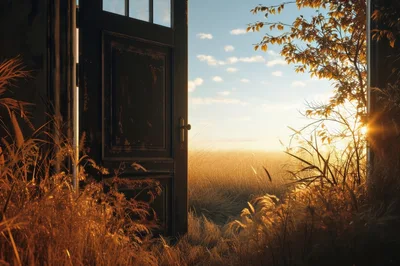 Open Doorway Leading To A Golden Sunset Field