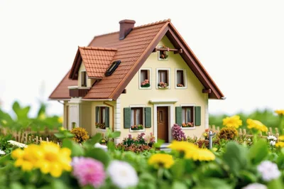 Miniature Model House In A Garden Of Flowers