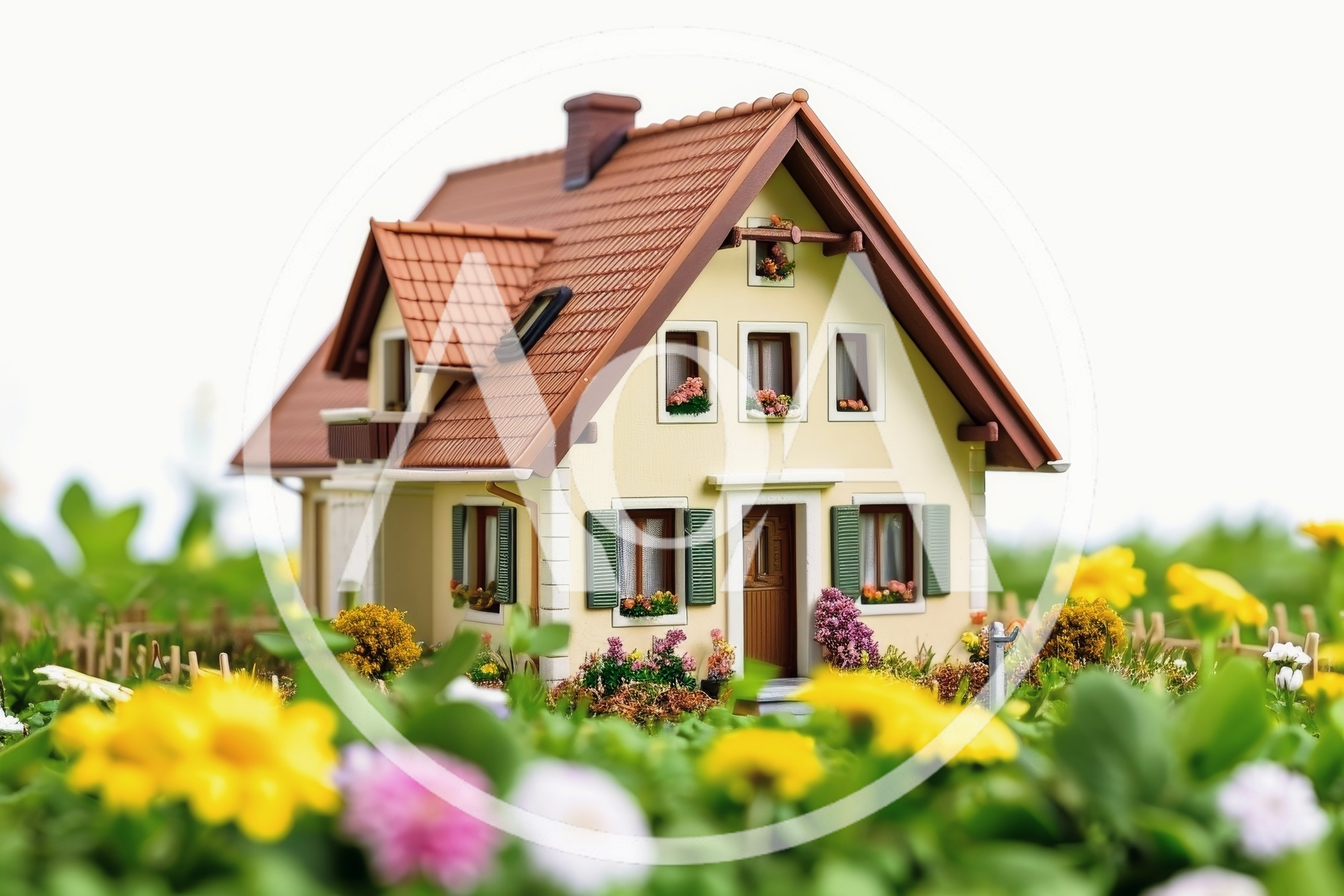 Miniature Model House In A Garden Of Flowers