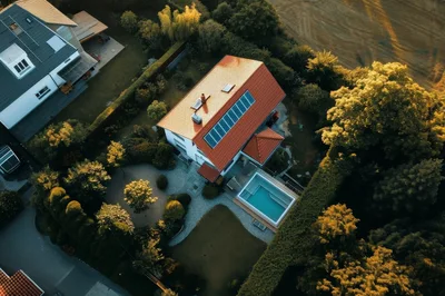 Aerial View Of A Modern House With Swimming Pool