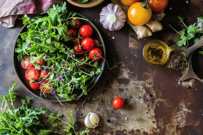 Fresh Salad Ingredients Arranged On A Rustic Surface