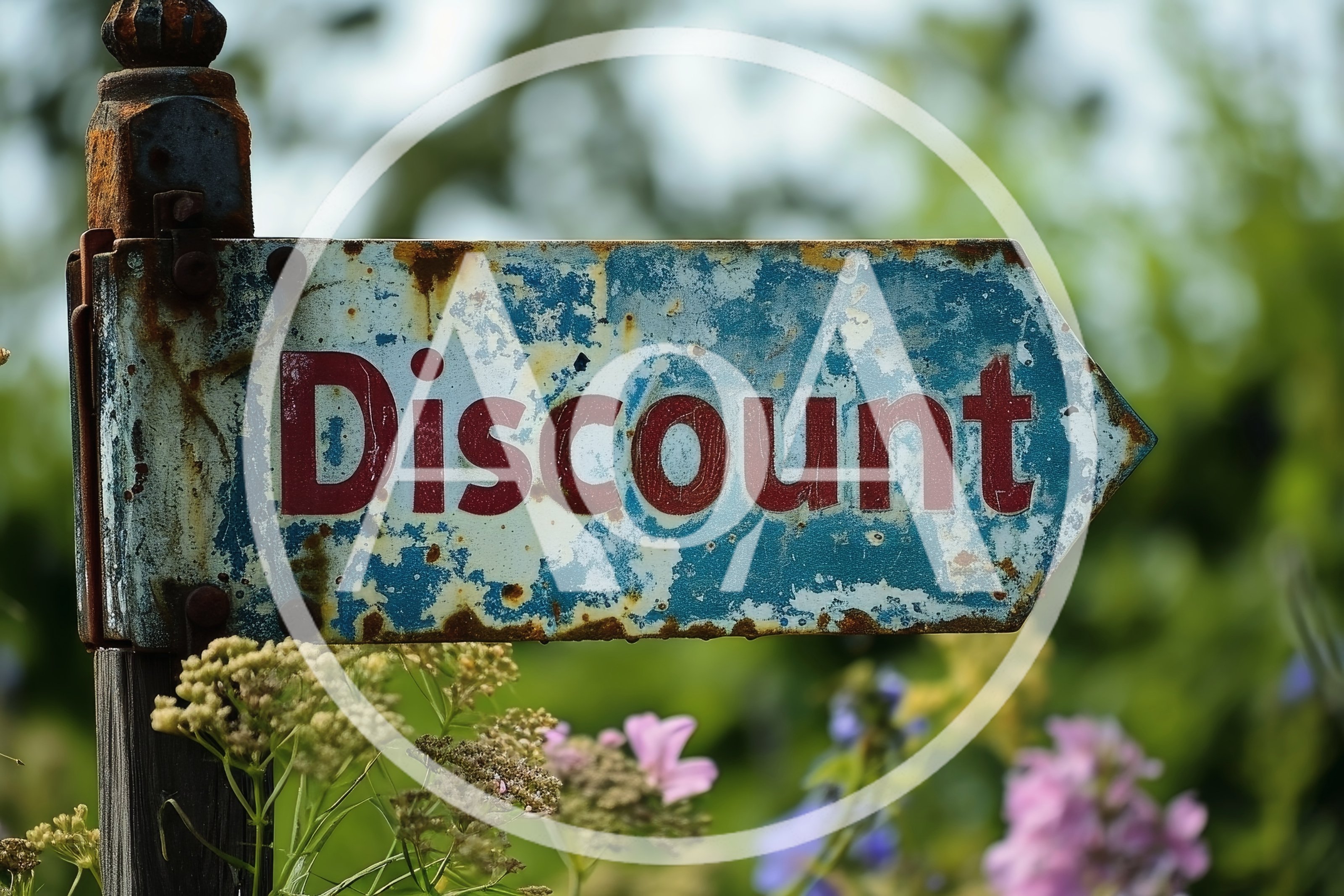 Weathered Metal Sign Pointing Towards Discount