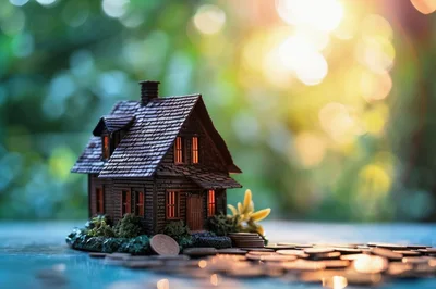 Miniature Wooden House Model Surrounded By Scattered Coins
