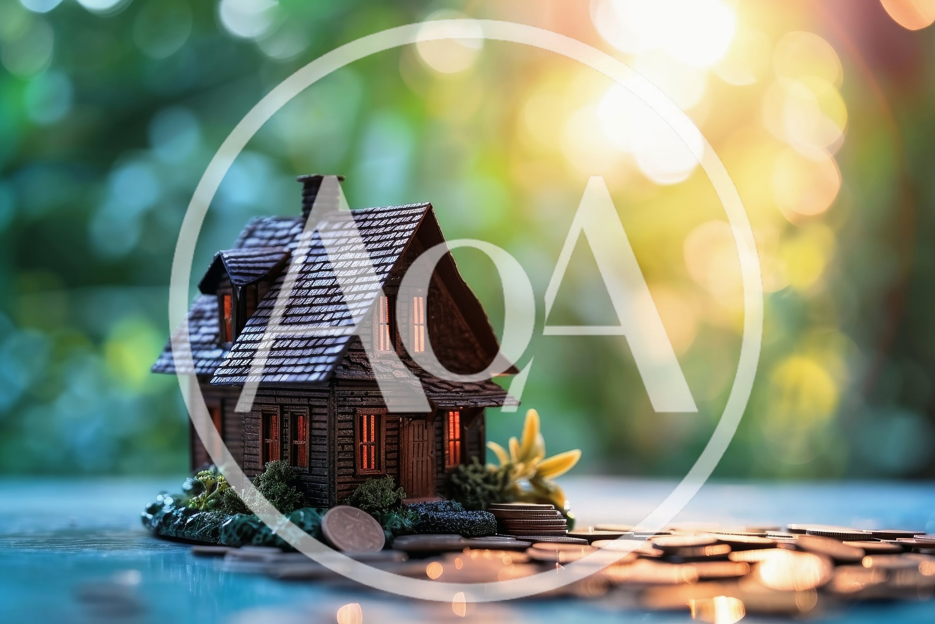 Miniature Wooden House Model Surrounded By Scattered Coins