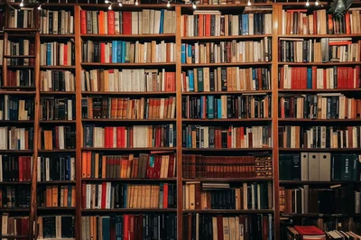 Full Wooden Bookshelves Filled With Diverse Hardcover Books