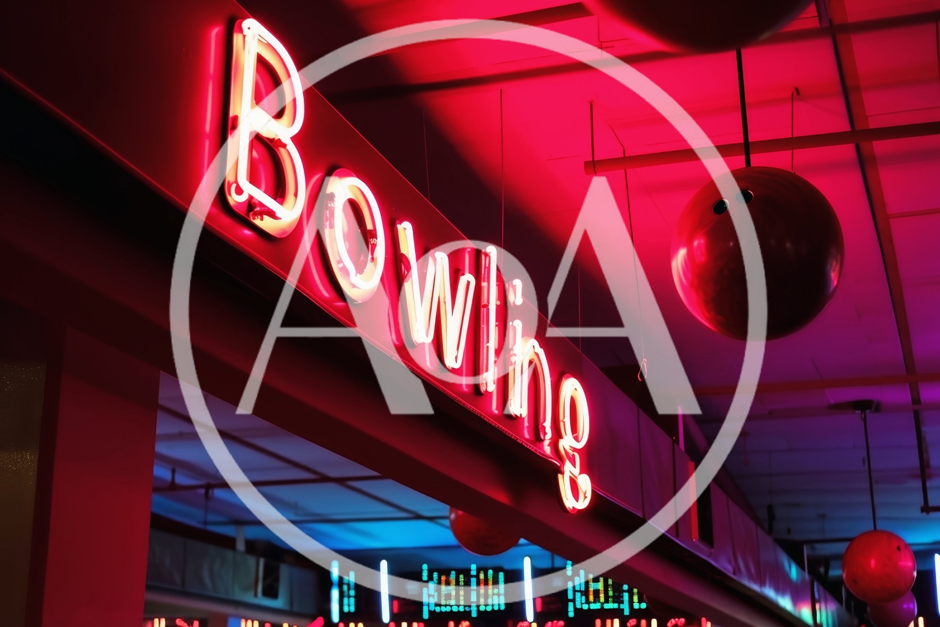 Neon Bowling Sign With Hanging Bowling Balls