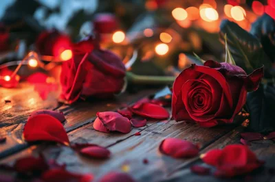 Red Roses and Petals on Rustic Wooden Table