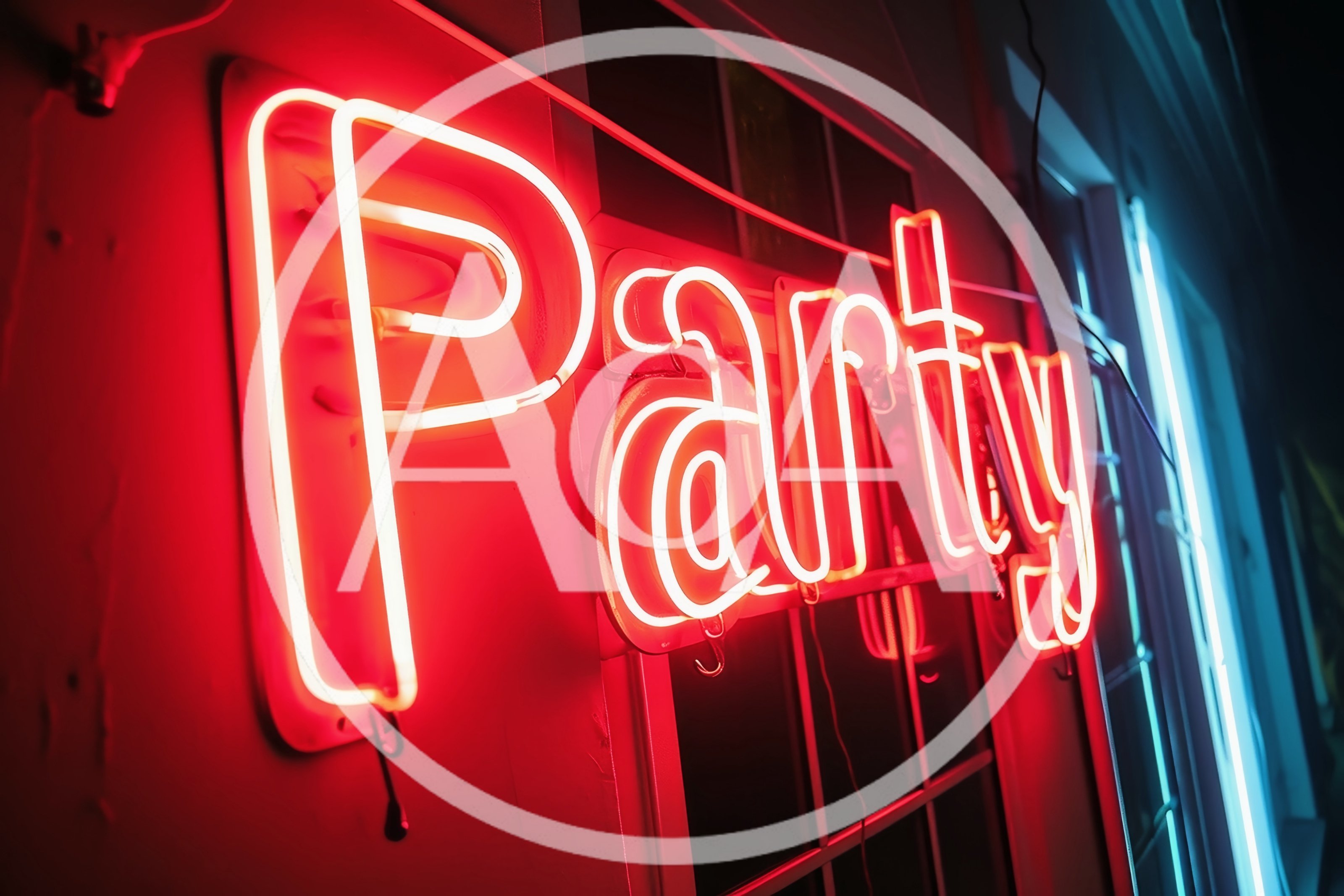 Bright Red Neon Party Sign On Building Exterior