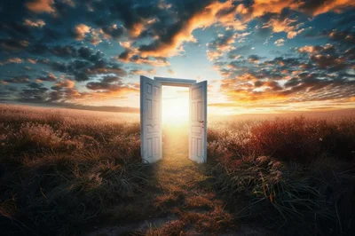 Open Door Standing In A Golden Sunset Field