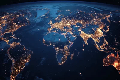 Satellite View Of Earth At Night With City Lights