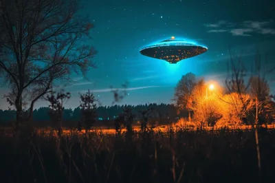 Glowing UFO Hovering Over A Rural Landscape At Night