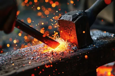 Blacksmith Shaping Glowing Hot Metal On Anvil