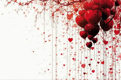 Red Heart Balloons Hanging From Tree Branches