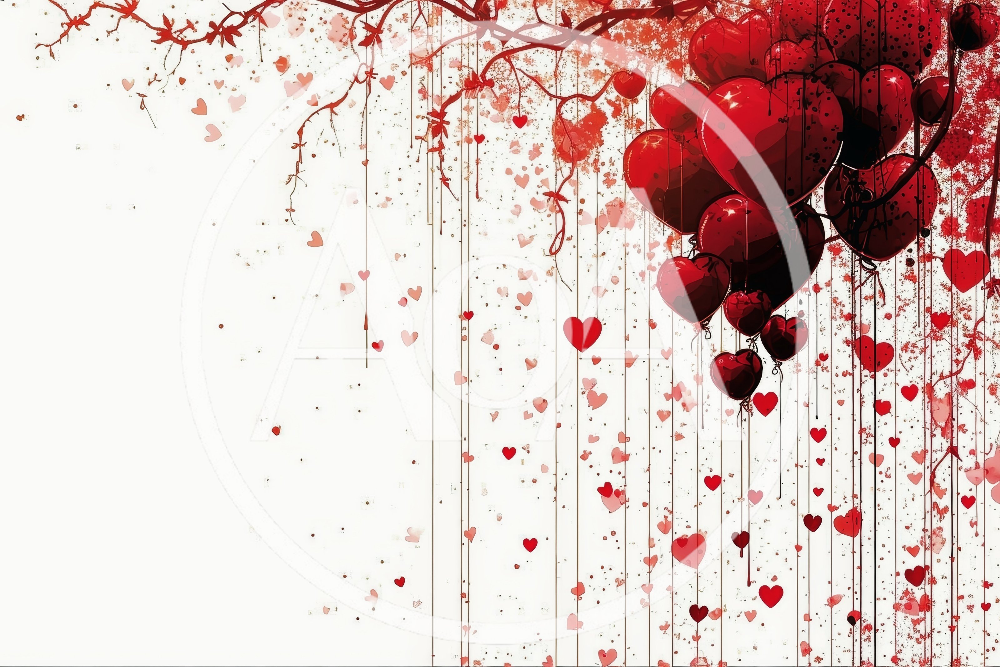 Red Heart Balloons Hanging From Tree Branches