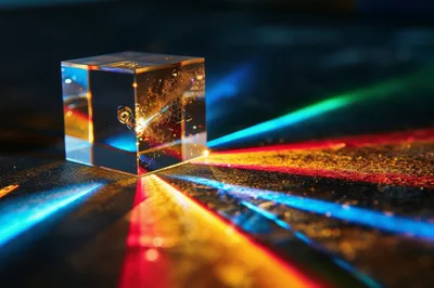 Glass Cube Refracting Colorful Light Beams