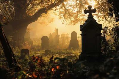 Misty Graveyard at Sunrise with Ancient Tombstones