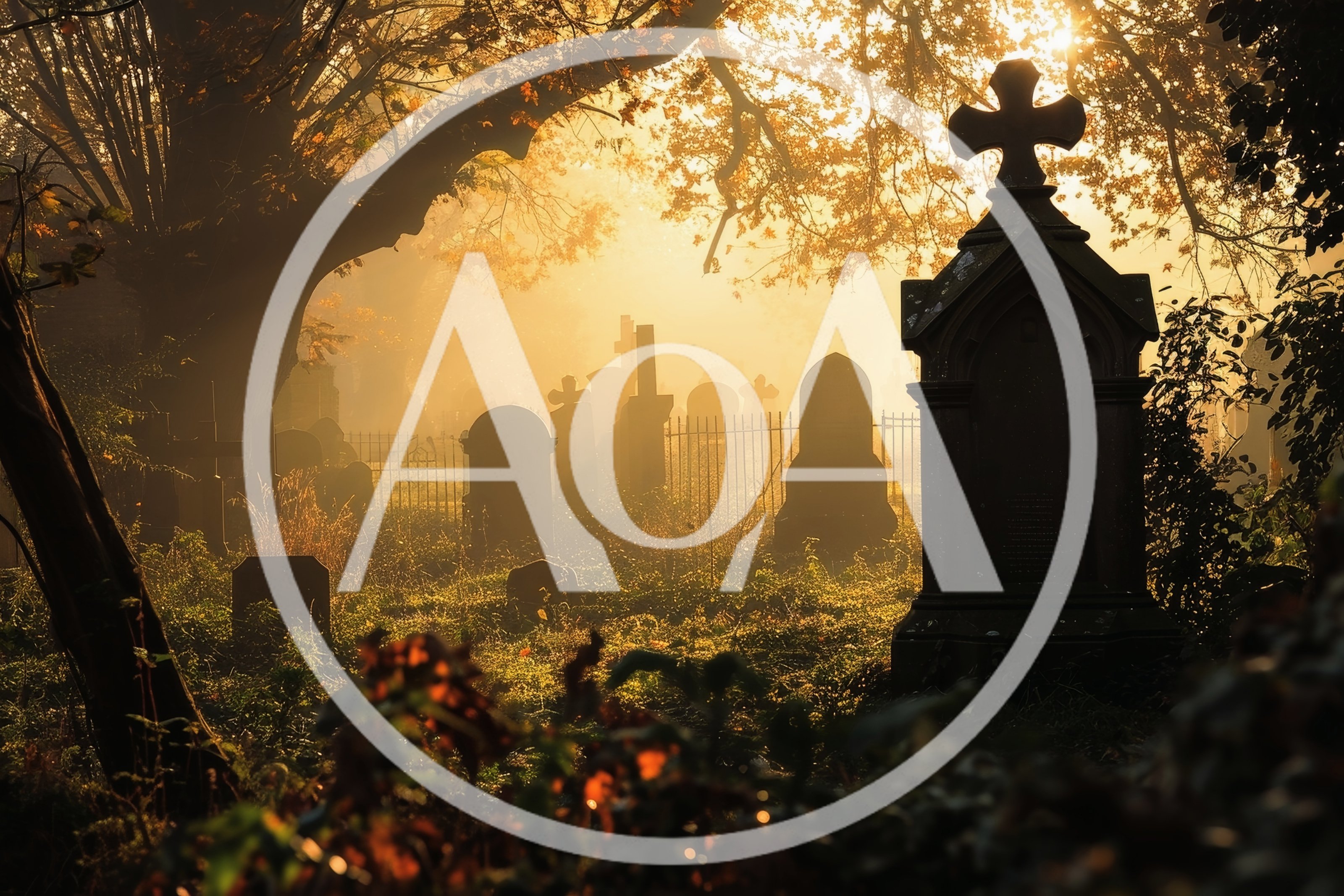 Misty Graveyard at Sunrise with Ancient Tombstones