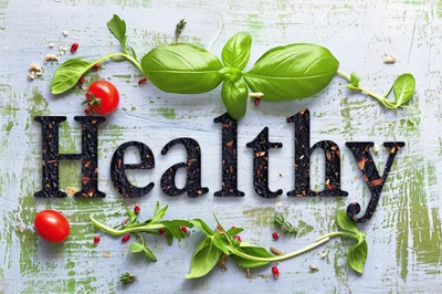 Healthy Text Concept With Fresh Basil And Tomatoes