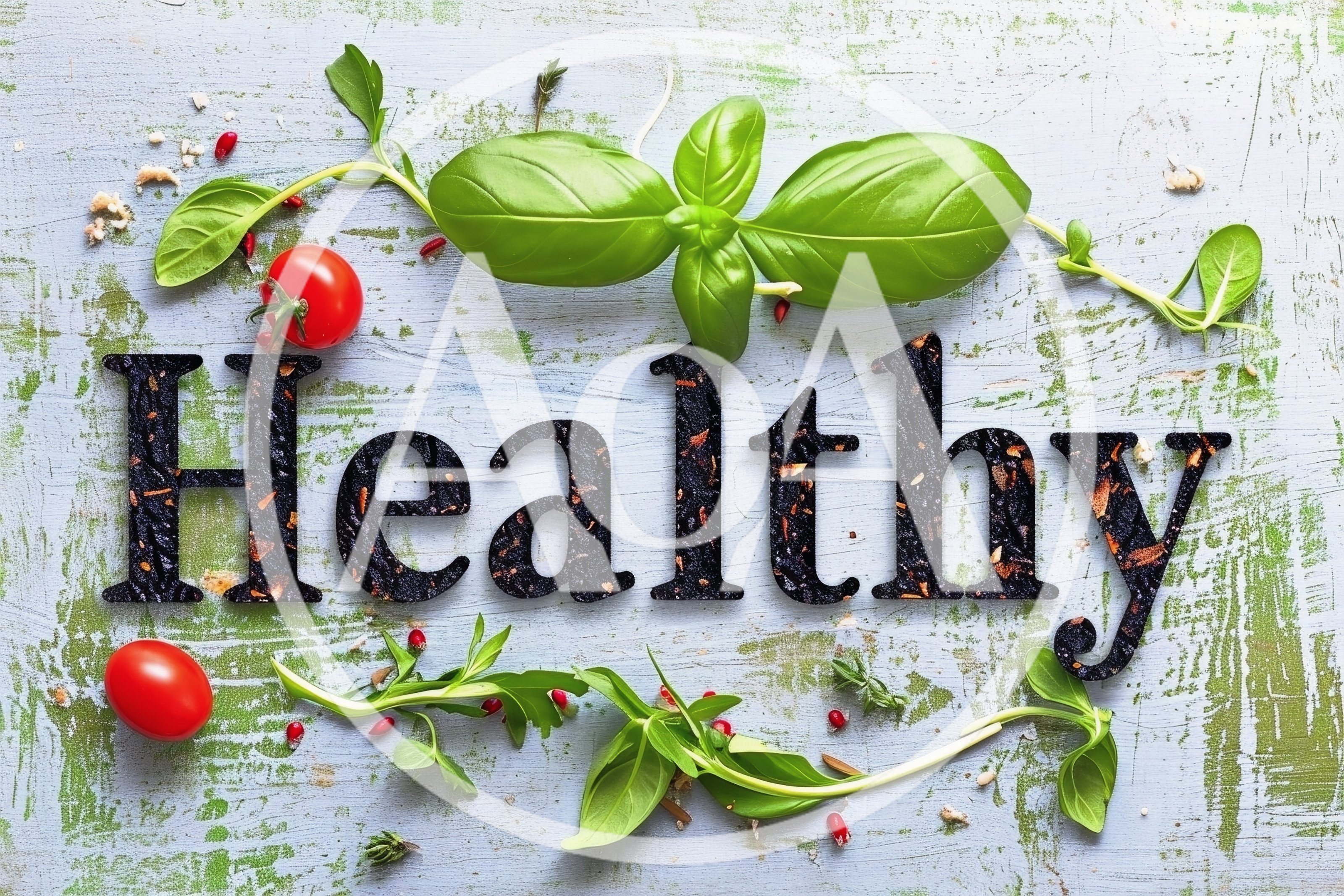 Healthy Text Concept With Fresh Basil And Tomatoes