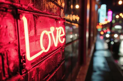 Neon Love Sign On A Brick Wall At Night