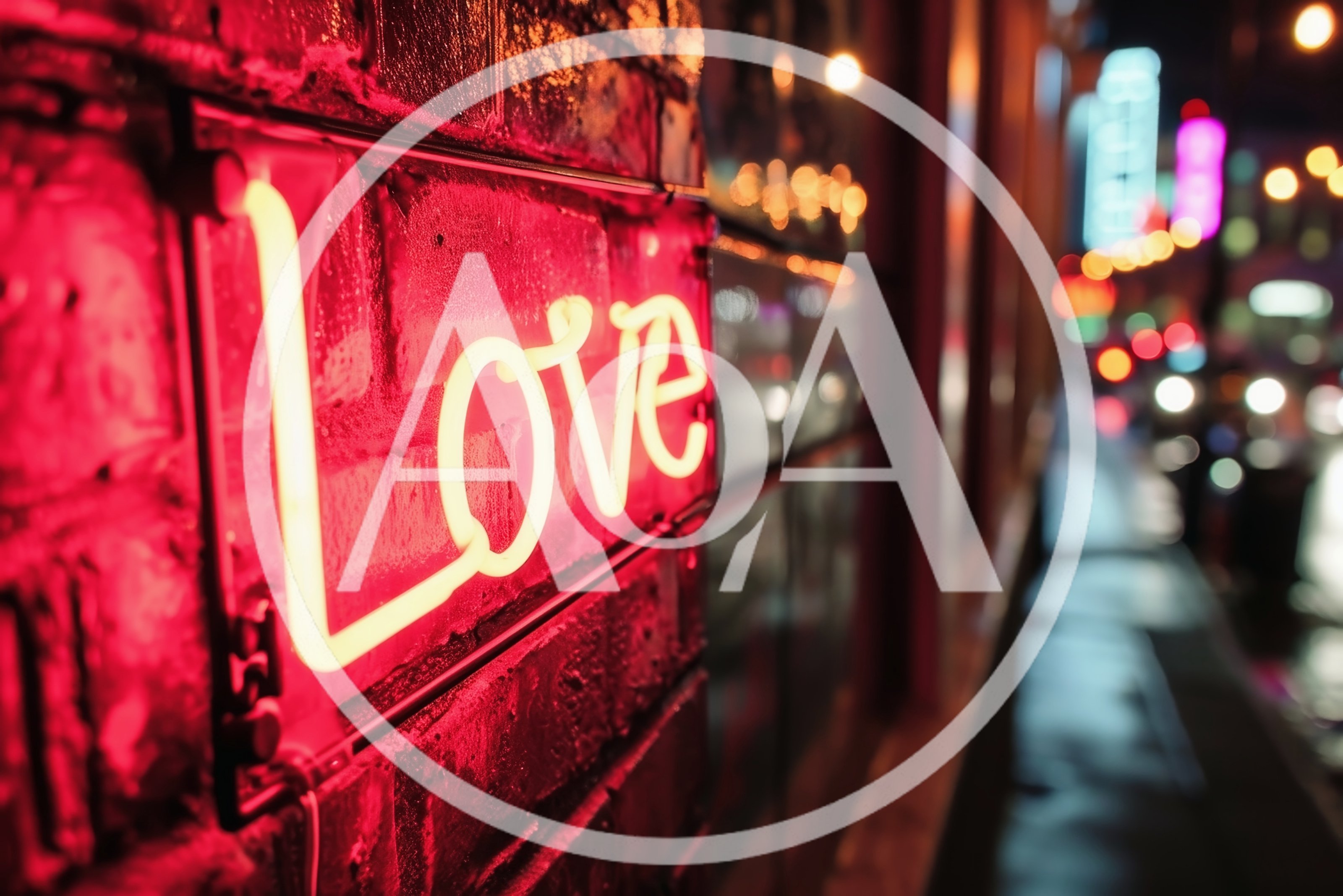 Neon Love Sign On A Brick Wall At Night