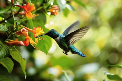 Green-Throated Mango Hummingbird Feeding on Orange Flowers