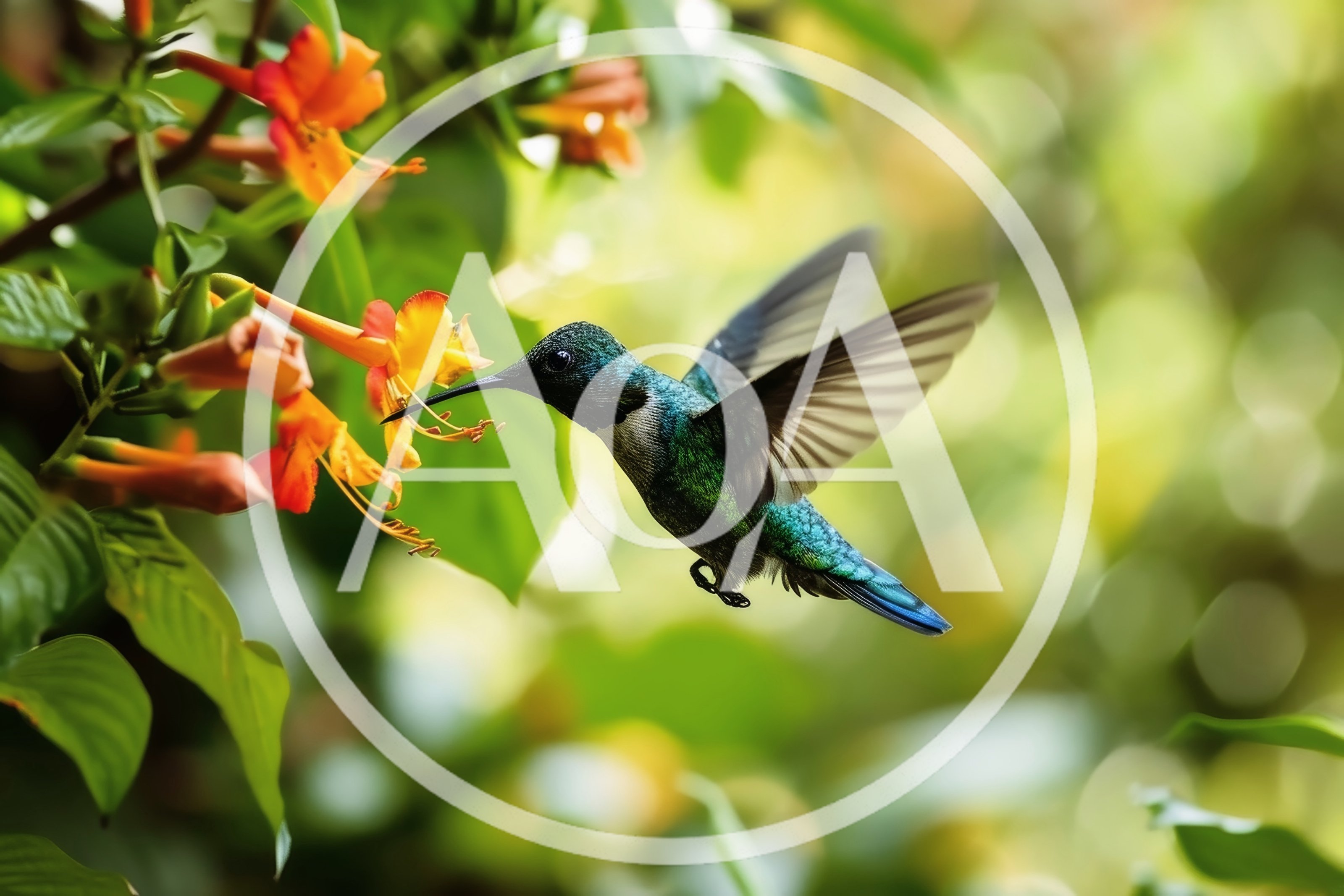 Green-Throated Mango Hummingbird Feeding on Orange Flowers