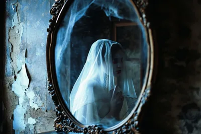 Ghostly Bride Looking Into An Antique Mirror