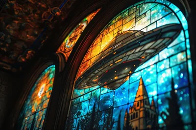 Stained Glass Window Featuring A Flying Saucer