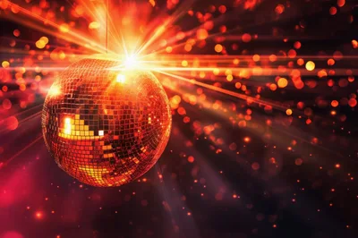 Glowing Red Disco Ball With Radiant Light Flares