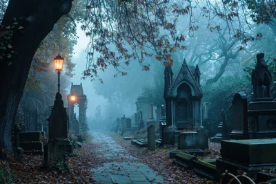 Foggy Cemetery Path With Gothic Tombs And Streetlights