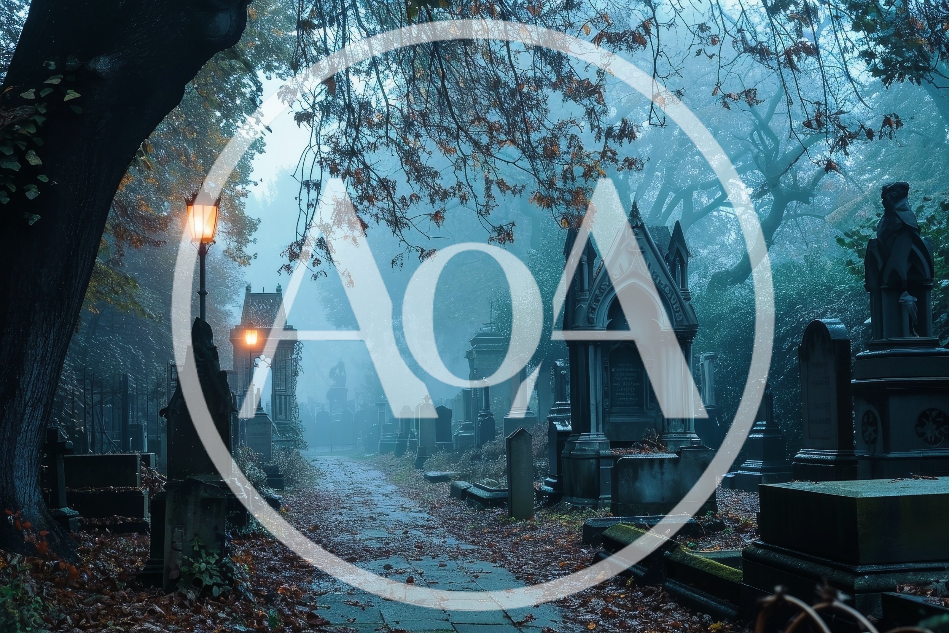 Foggy Cemetery Path With Gothic Tombs And Streetlights