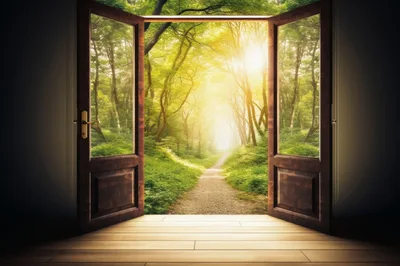Open Wooden Doors Revealing A Sunlit Forest Path