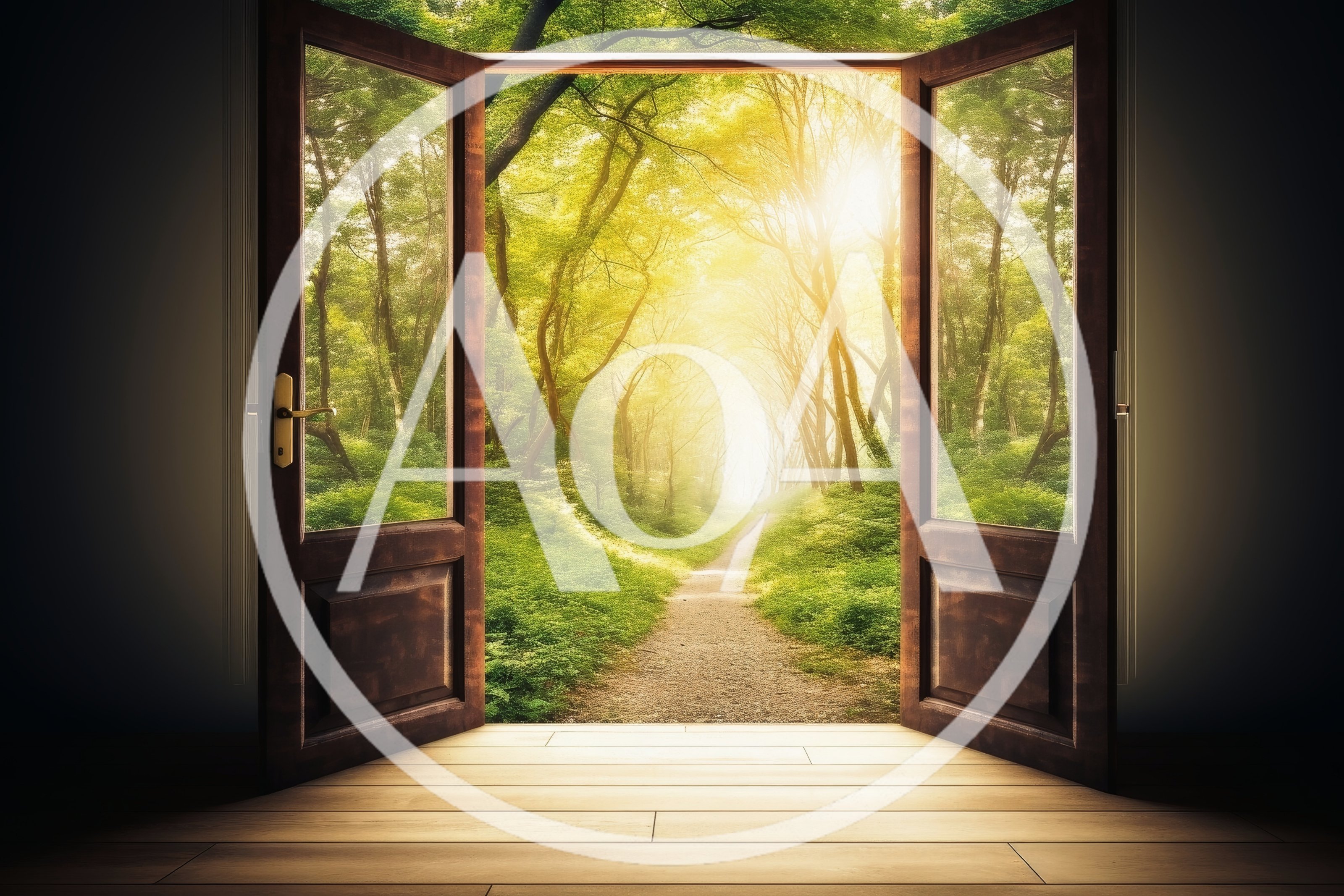 Open Wooden Doors Revealing A Sunlit Forest Path