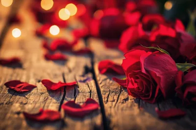 Red Roses And Petals On Rustic Wooden Table