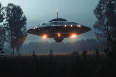 UFO Hovering Over A Misty Forest Field