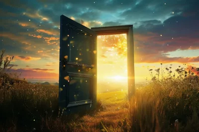 Surreal Open Door Standing In A Golden Meadow