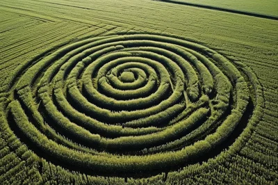 Aerial View Of A Spiral Crop Circle In A Field