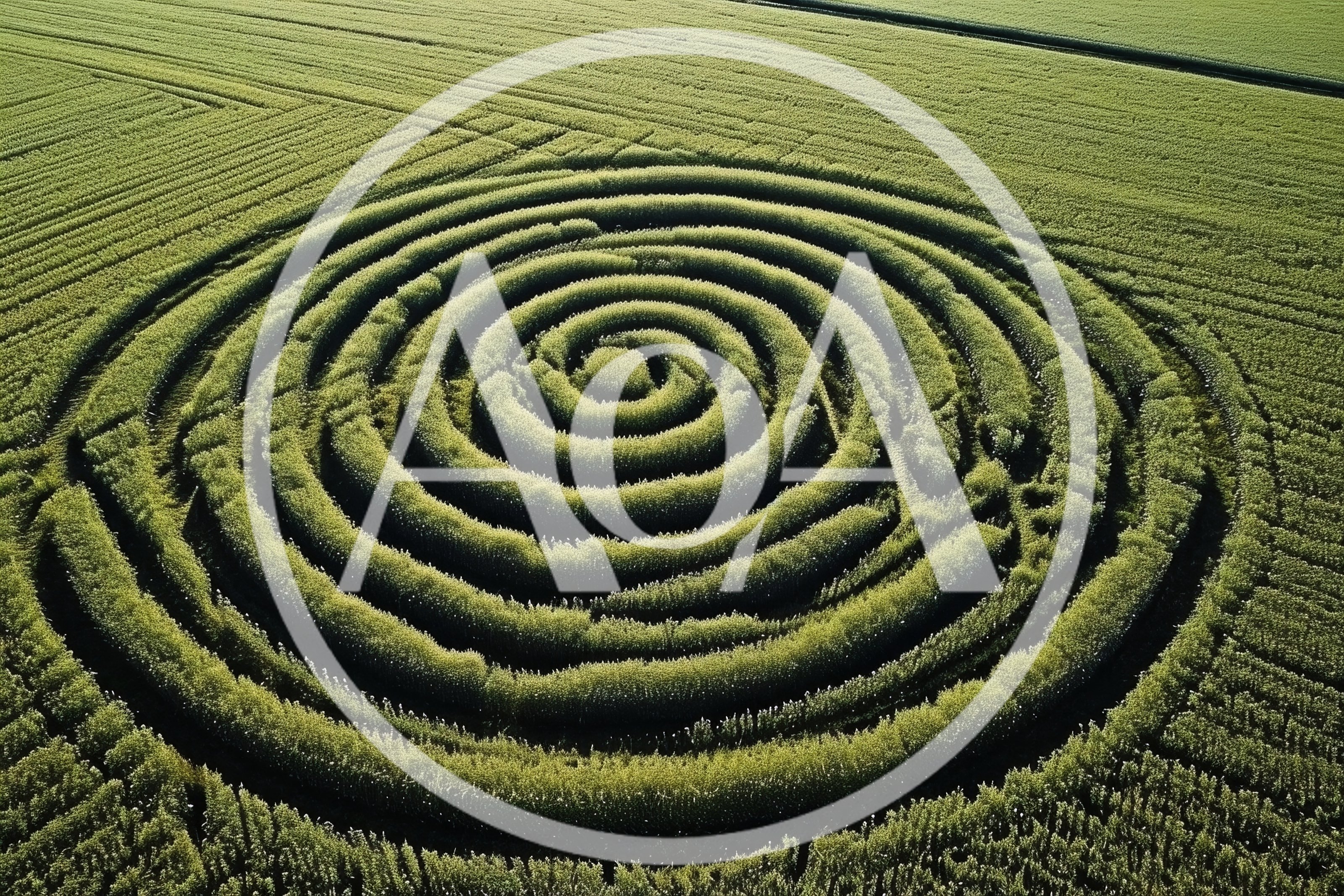 Aerial View Of A Spiral Crop Circle In A Field