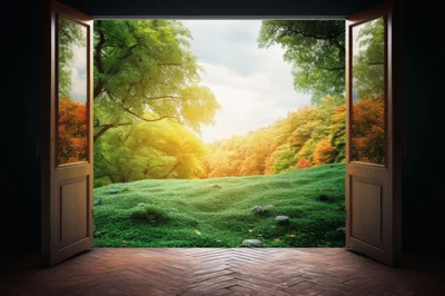 Open Double Doors Overlooking A Lush Autumn Forest