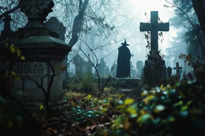 Mysterious Witch Standing In A Foggy Graveyard