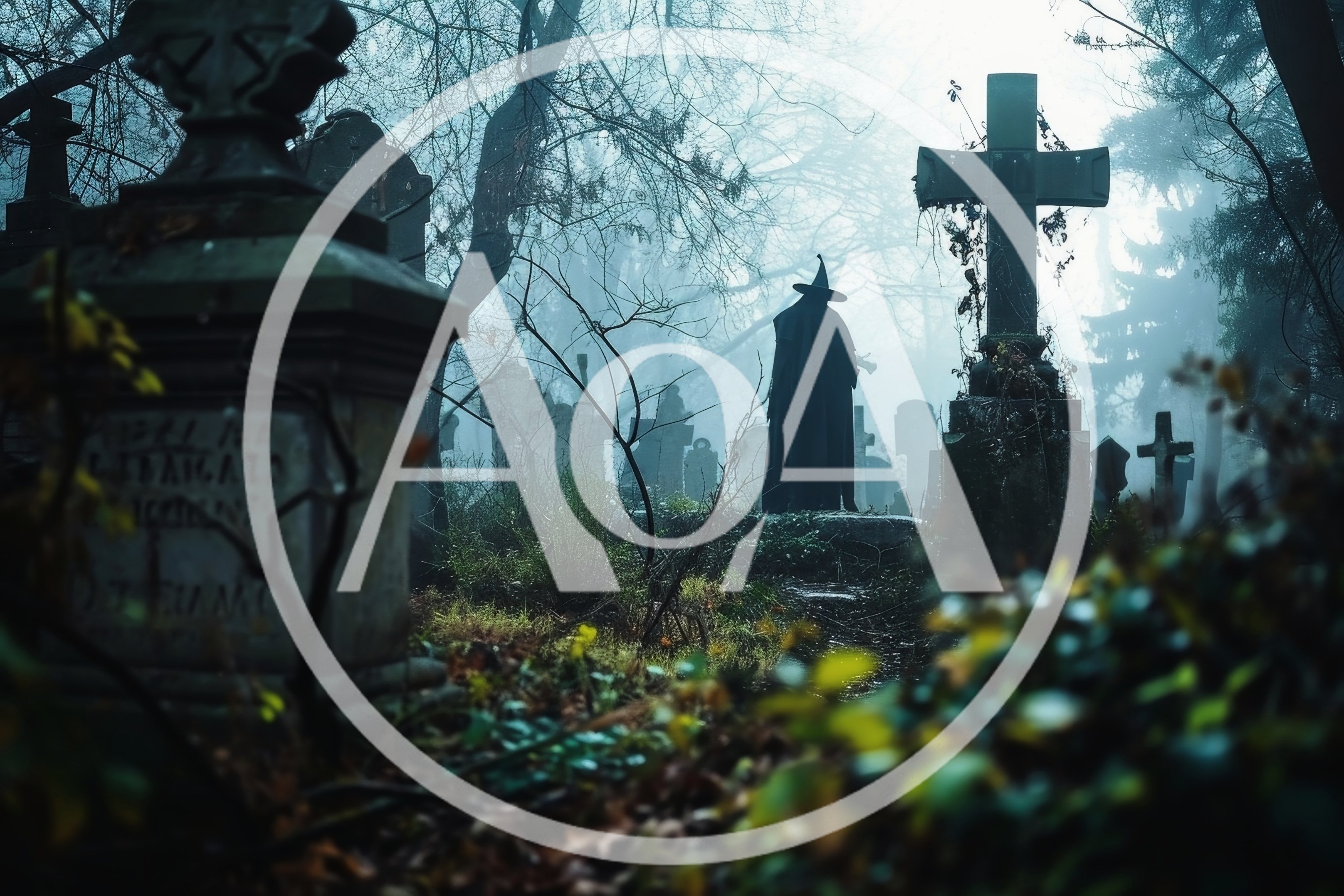 Mysterious Witch Standing In A Foggy Graveyard