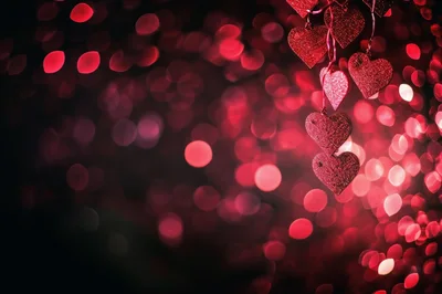 Red Glittering Heart Ornaments Hanging Against Bokeh Background