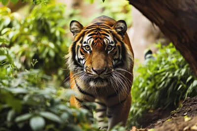 Majestic Tiger Walking Through Lush Green Jungle