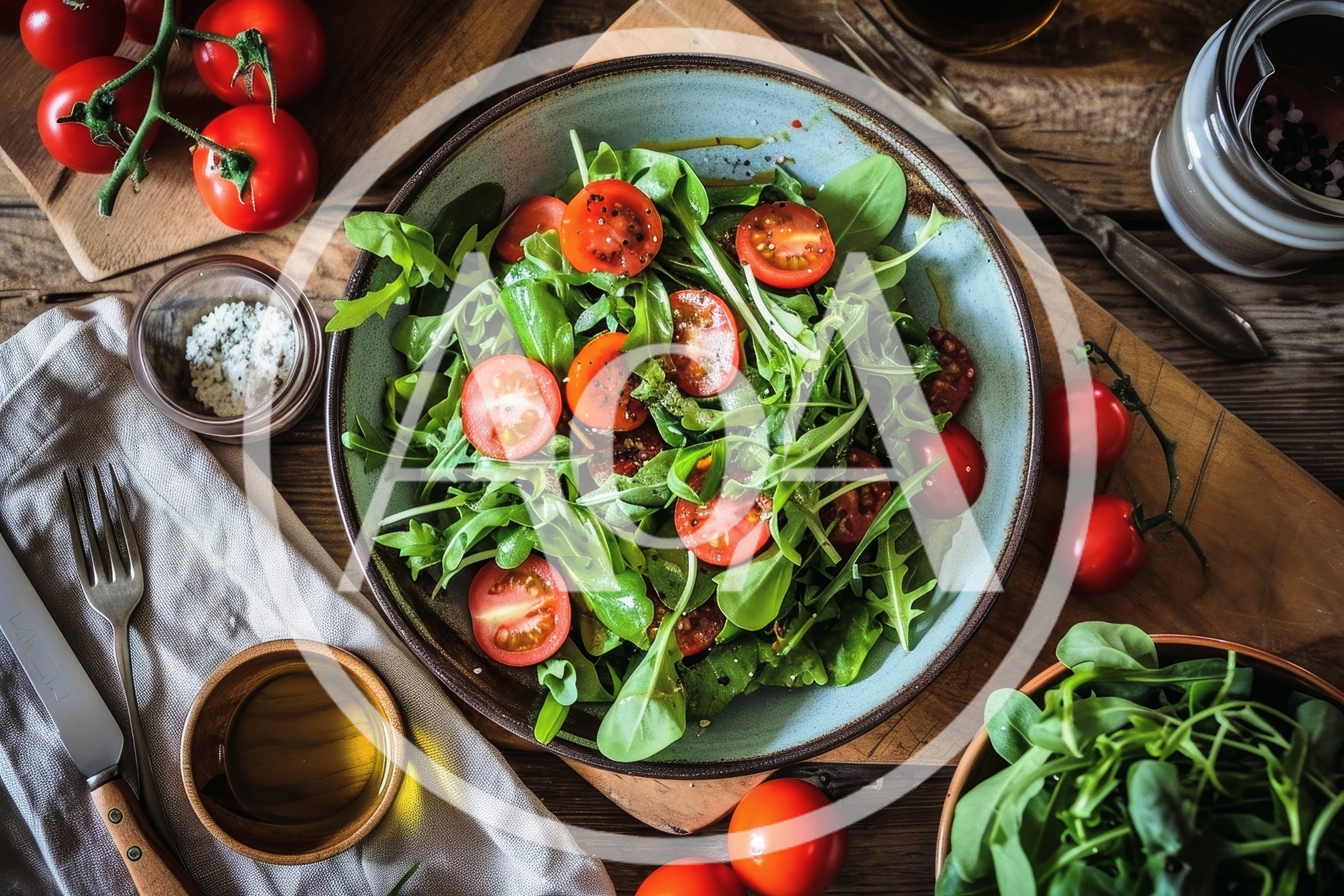 Fresh Arugula Salad With Cherry Tomatoes In Rustic Bowl