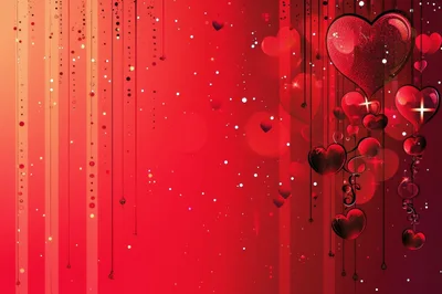 Red Hearts Hanging On Strings Background