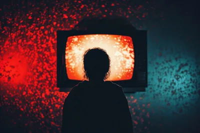 Silhouette Of A Person Watching A Glowing Television
