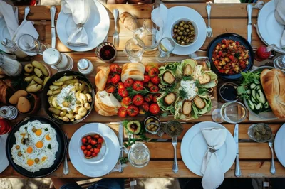 Top Down View Of A Mediterranean Brunch Table