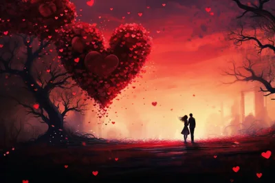Romantic Couple Standing Under A Heart Shaped Tree