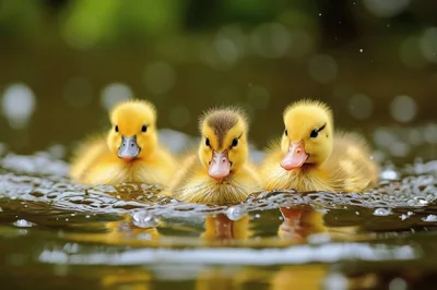 Three Fluffy Ducklings Swimming In A Pond